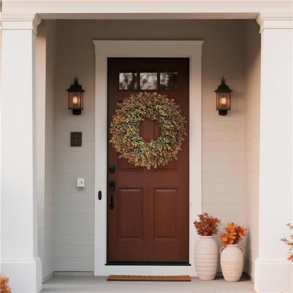 26'' Large Fall Wreath for Front Door, Porch, Window- Artificial Boxwood Leaves - Picture 2 of 7